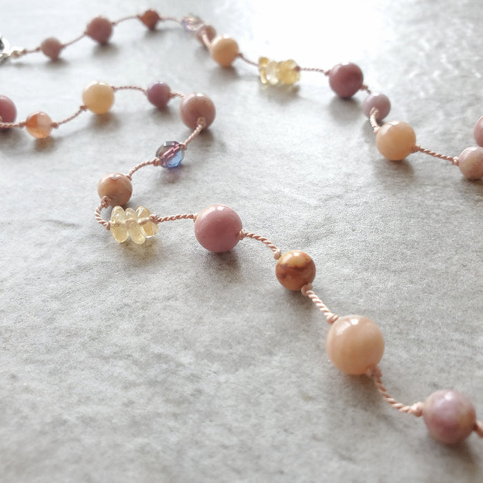 Crazy Lace Agate multi gemstone knotted necklace detail