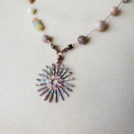 multi gemstone necklace with fire Painted copper sun focal close up