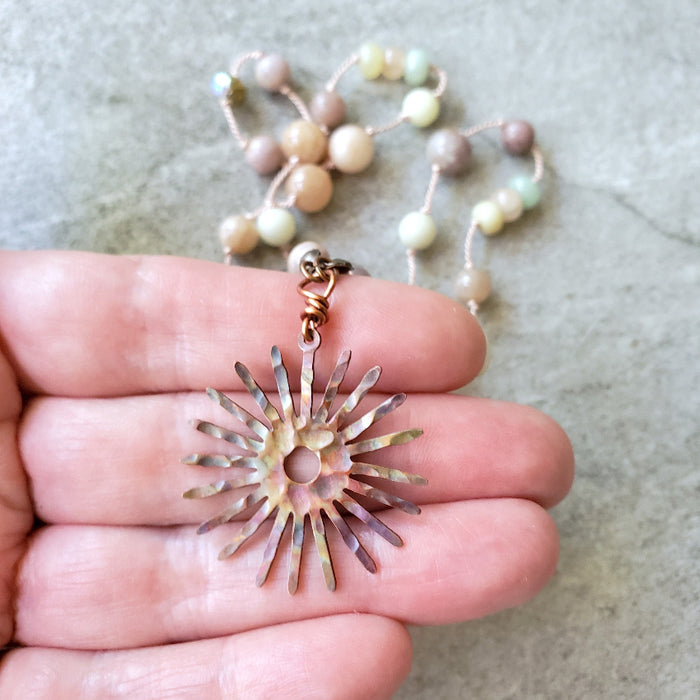 multi gemstone necklace with fire Painted copper sun focal in hand