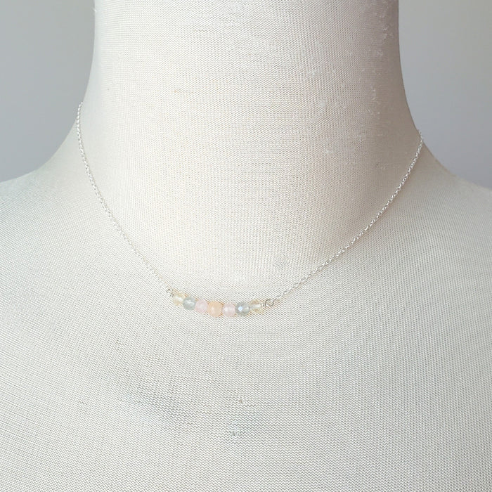 Multi gemstone bar sterling silver necklace on bust