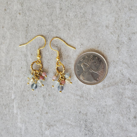 faceted Tourmaline cluster earrings beside a quarter