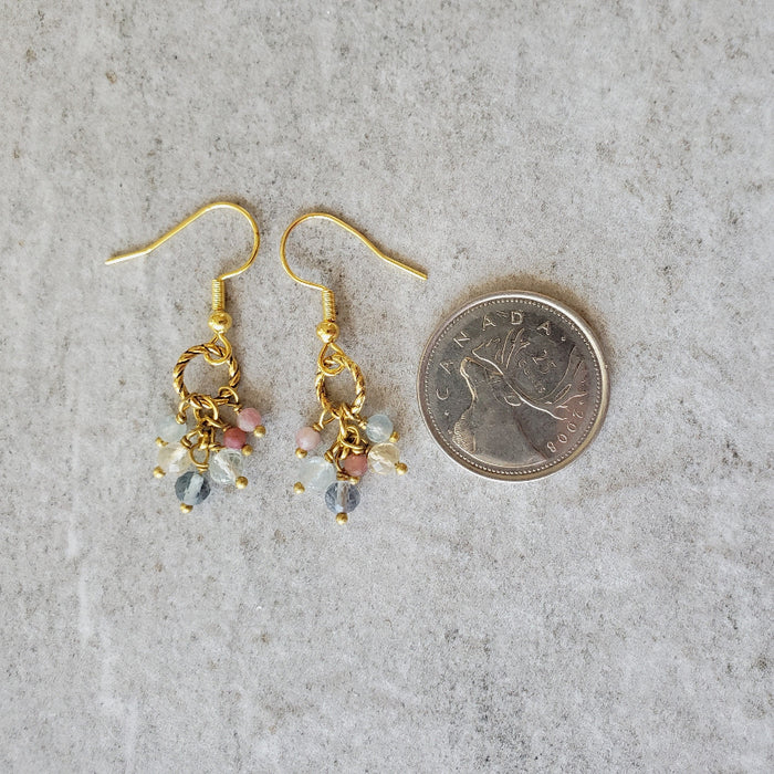 faceted Tourmaline cluster earrings beside a quarter