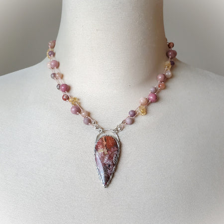 Crazy Lace Agate multi gemstone knotted necklace on bust