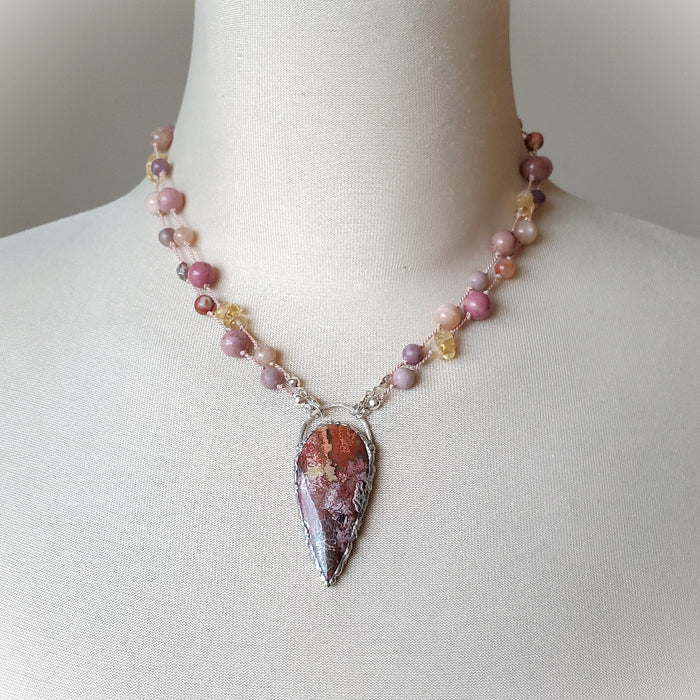 Crazy Lace Agate multi gemstone knotted necklace on bust