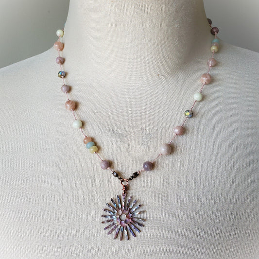 multi gemstone necklace with fire Painted copper sun focal on bust