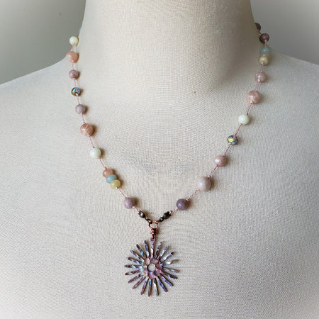 multi gemstone necklace with fire Painted copper sun focal on bust