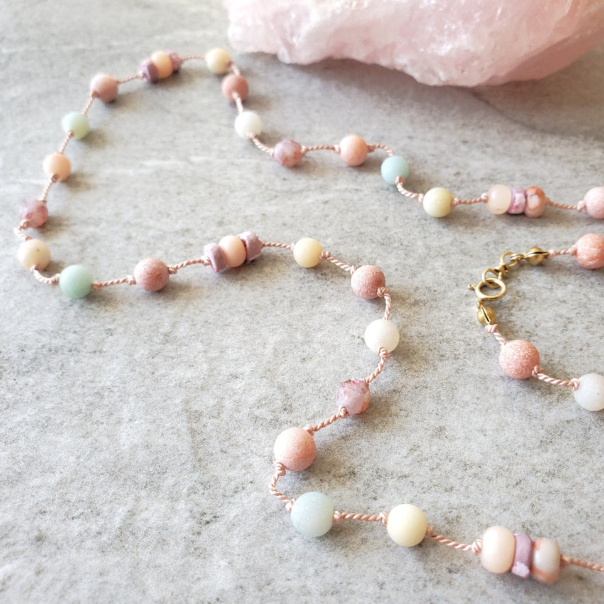 multi gemstone hand knotted necklace close up