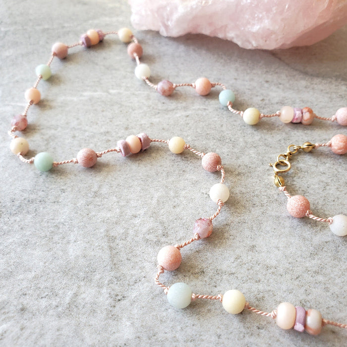 multi gemstone hand knotted necklace close up