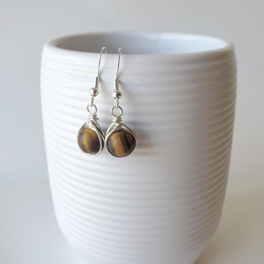 Tigers Eye herringbone wrap earrings hanging