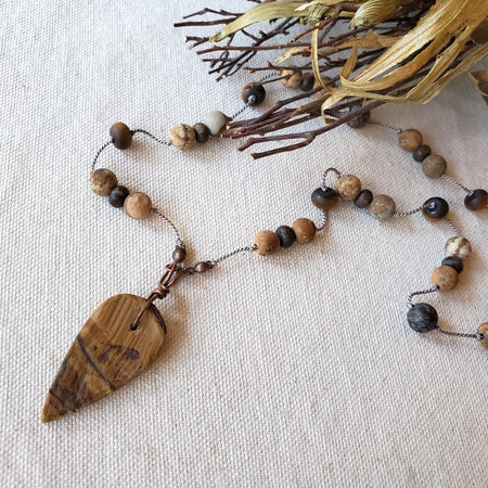 Tigers eye & picture jasper knotted necklace on linen