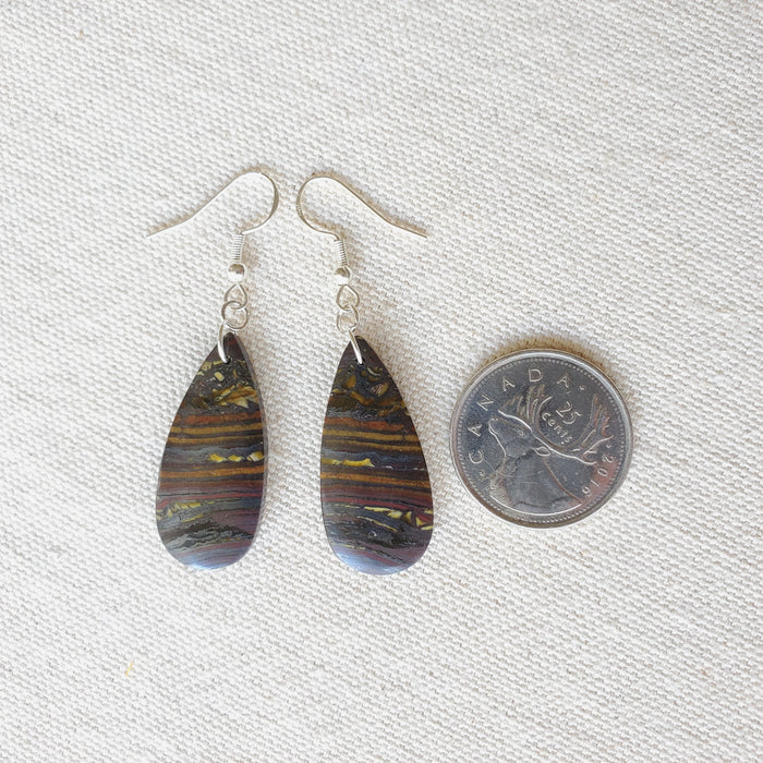 teardrop tiger's eye earrings beside a quarter