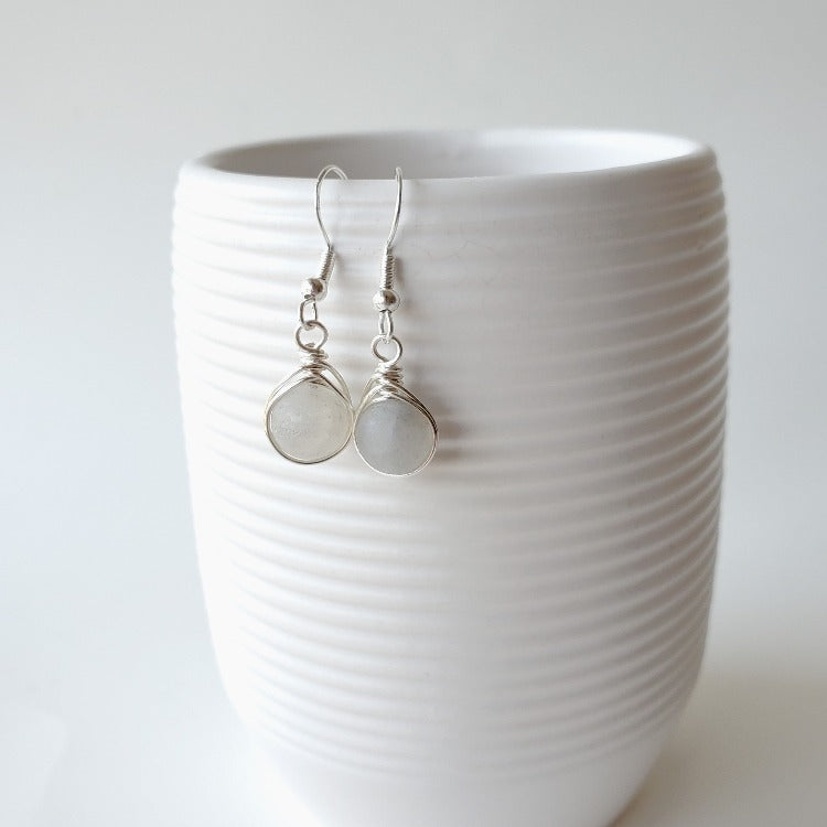 Frosted Smoky Quartz herringbone wrapped earrings hanging