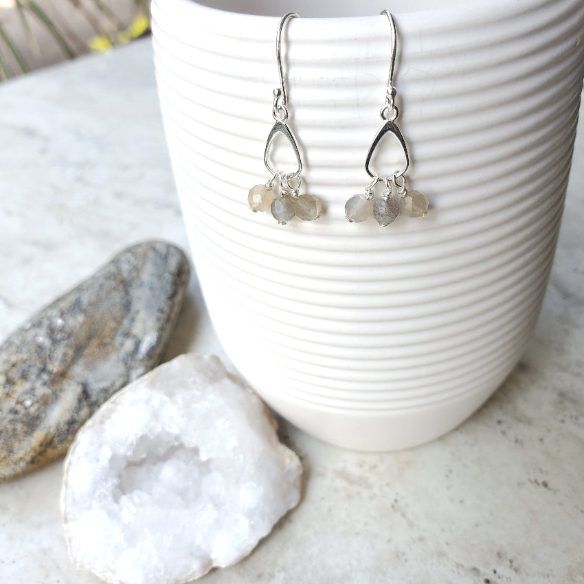 Faceted Grey Moonstone Dangle Earrings