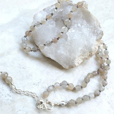 Faceted Grey Moonstone knotted necklace 