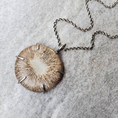 Fossil Coral bud prong set sterling silver necklace