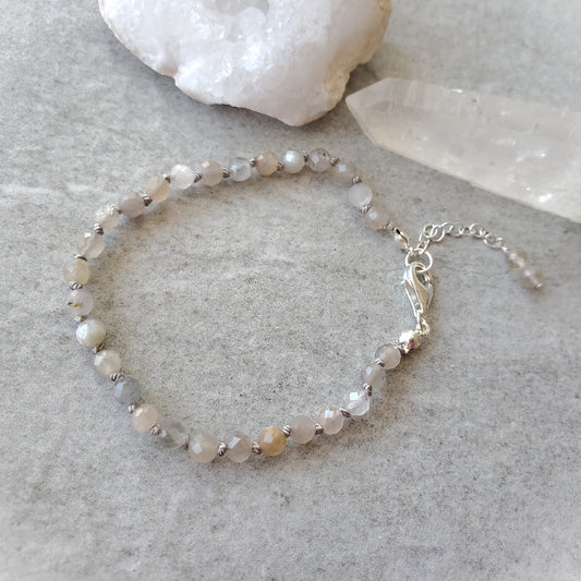 Faceted Grey Moonstone hand knotted bracelet on tile