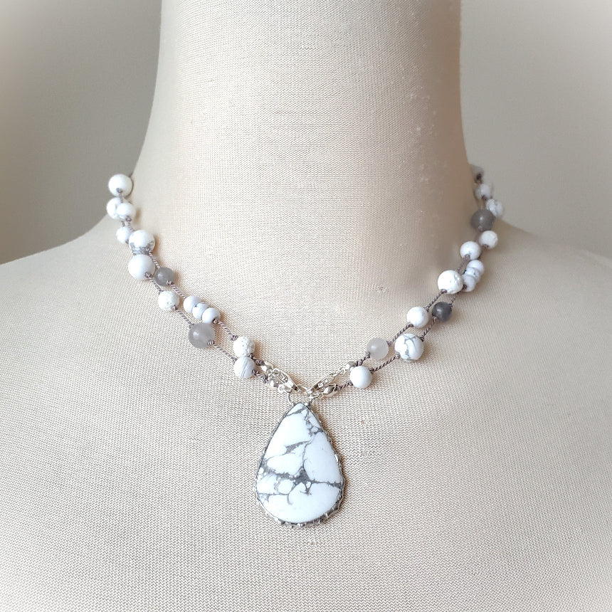 Howlite hand knotted necklace on bust