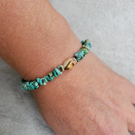 Natural turquoise chip bracelet with magnetic clasp on model