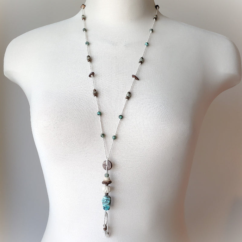 Turquoise & Coconut Wood Hemp Knotted Necklace