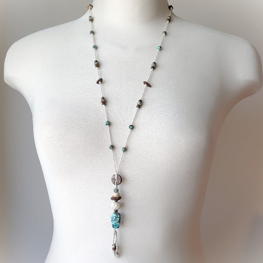 Turquoise & Coconut Wood Hemp Knotted Necklace