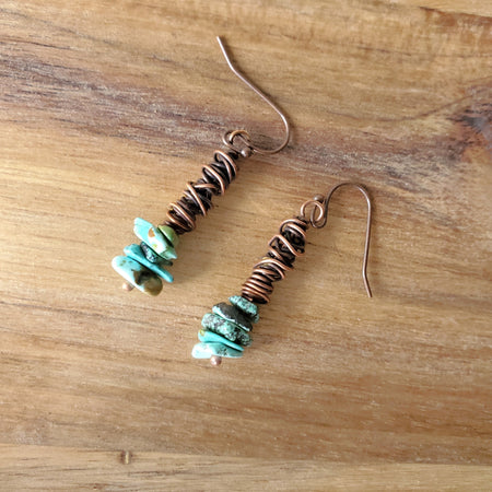 wire wrapped copper earrings with natural turquoise