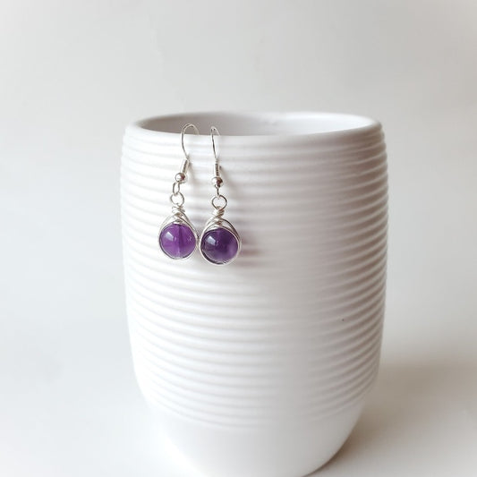 Amethyst herringbone wrap silver earrings hanging