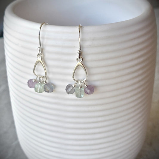 Faceted Fluorite dangle silver earrings hanging 