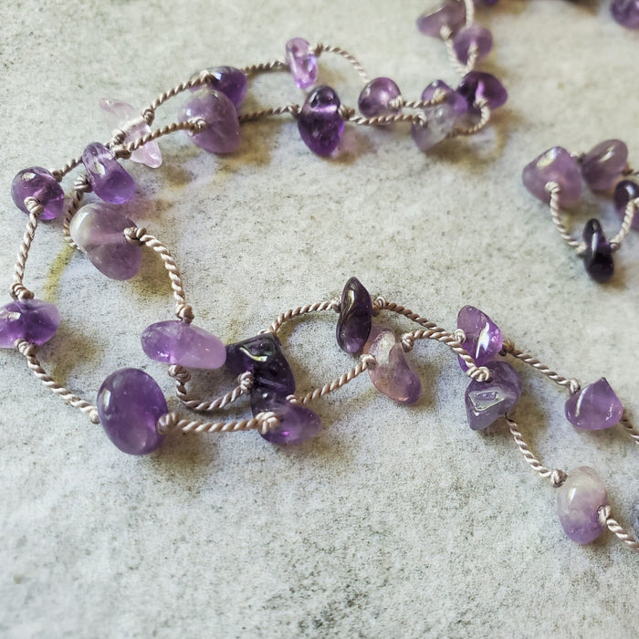 Amethyst chip long hand knotted silk necklace