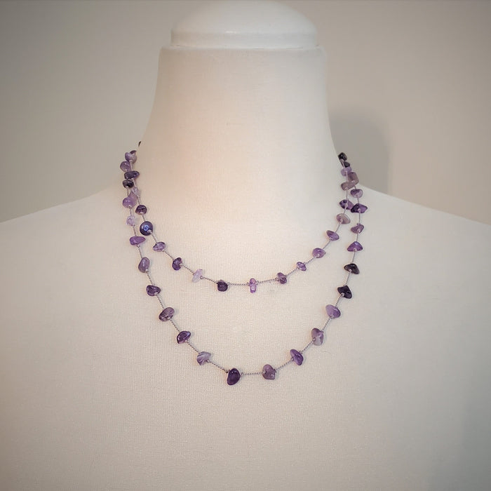 Amethyst chip long hand knotted silk necklace