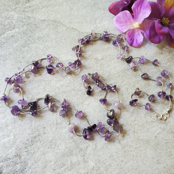 Amethyst chip long hand knotted silk necklace