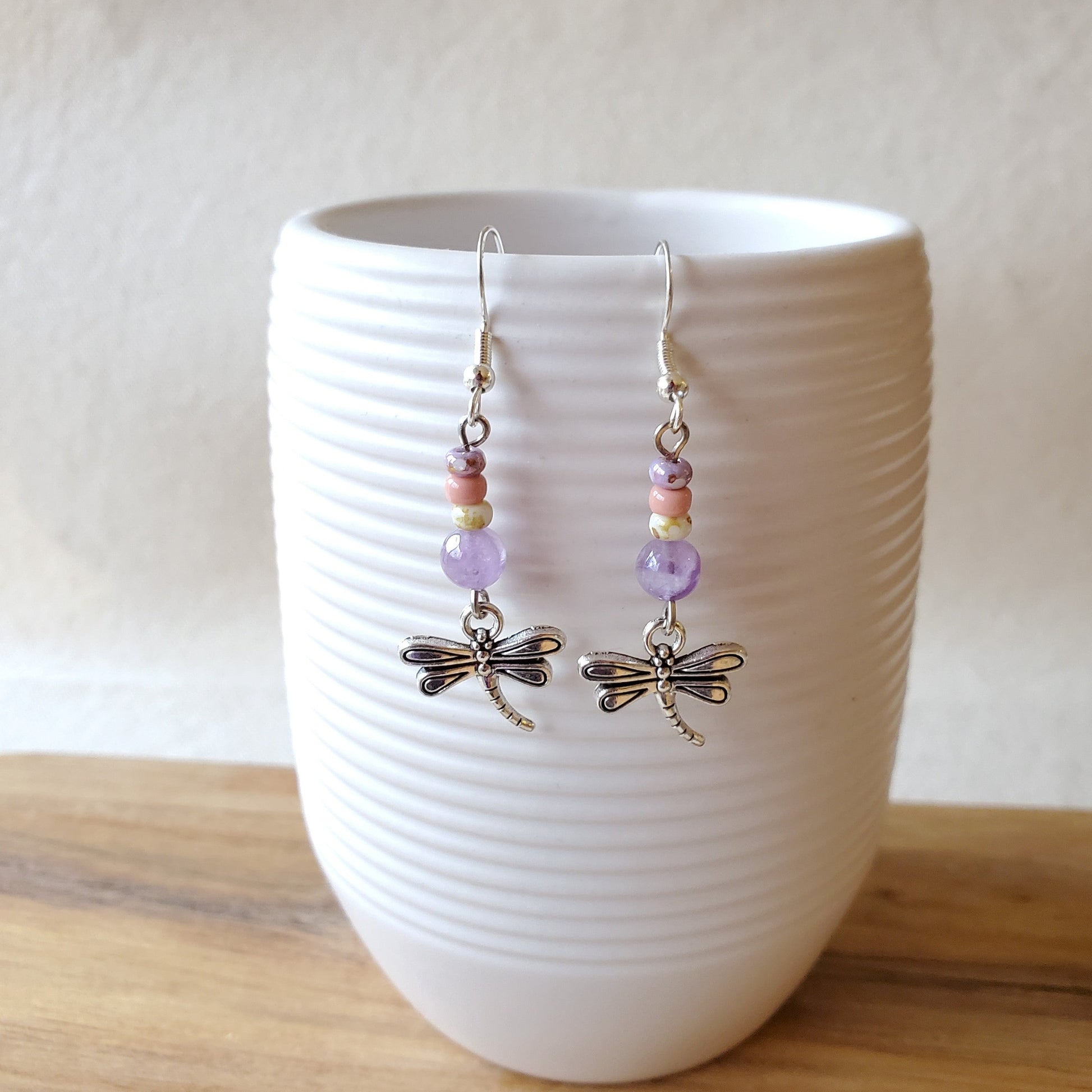 Dragonfly charm Amethyst dangle earrings