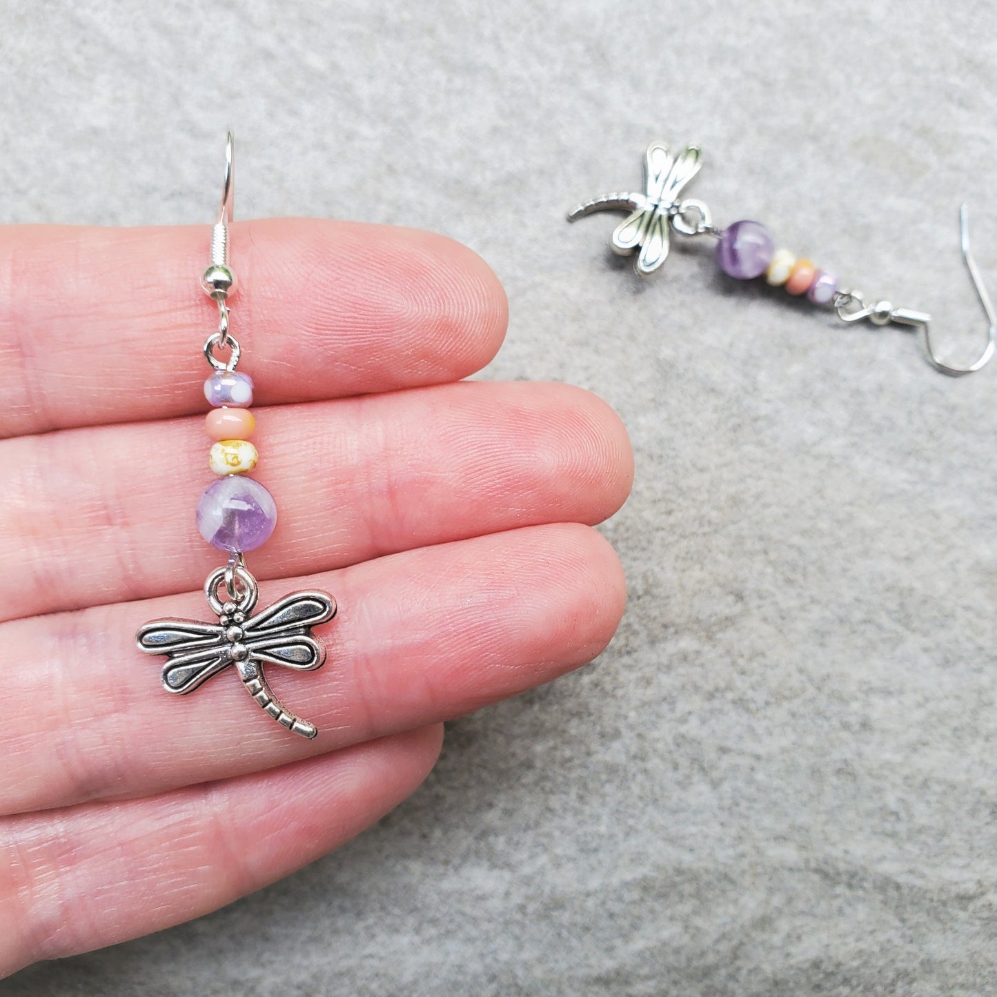 Dragonfly charm Amethyst dangle earrings