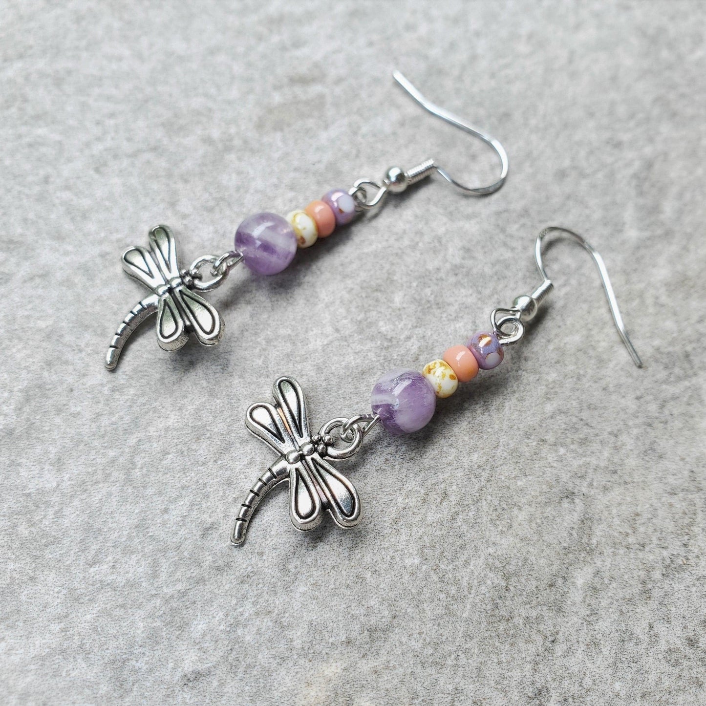 Dragonfly charm Amethyst dangle earrings