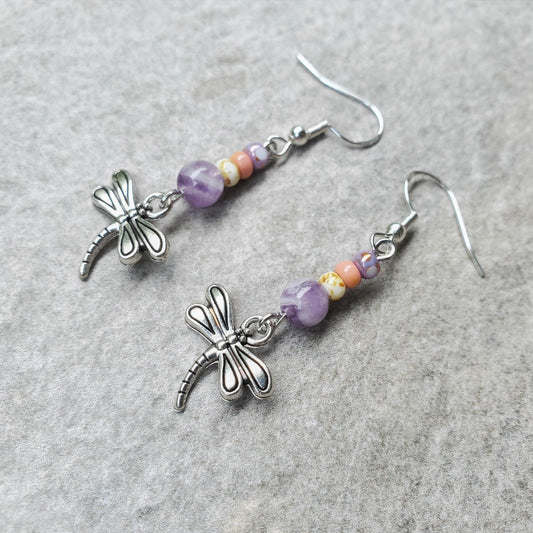 Dragonfly charm Amethyst dangle earrings