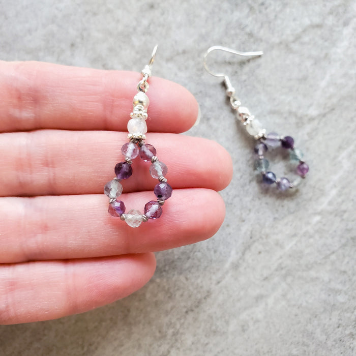 Rainbow Fluorite & Moonstone Silk Knotted Earrings