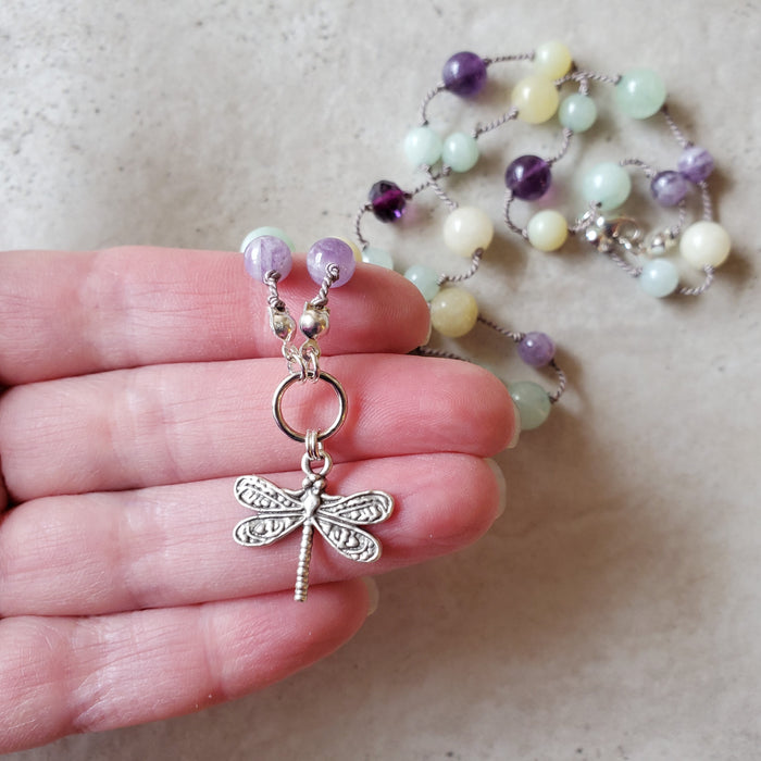 Hand knotted Multi Gemstone Dragonfly Necklace
