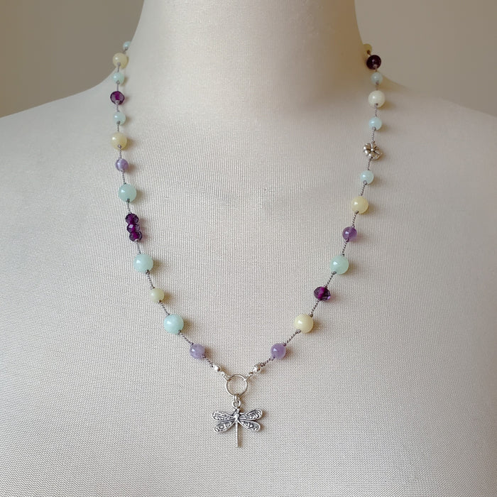 Hand knotted Multi Gemstone Dragonfly Necklace