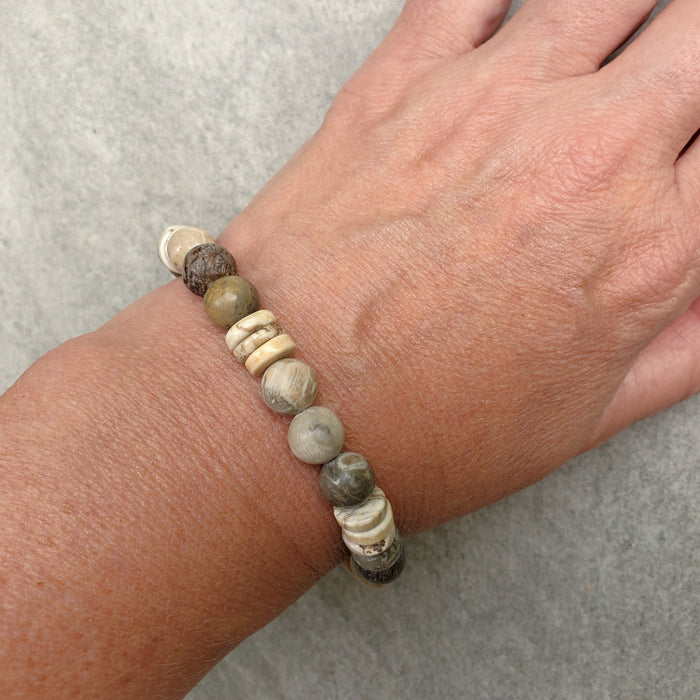 Stretch bracelet with fossil coral and wild horse magnesite