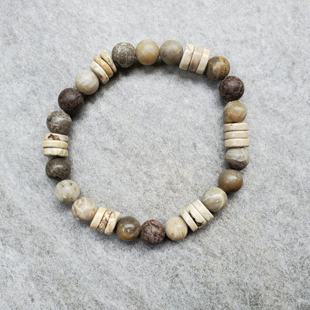 Stretch bracelet with fossil coral and wild horse magnesite
