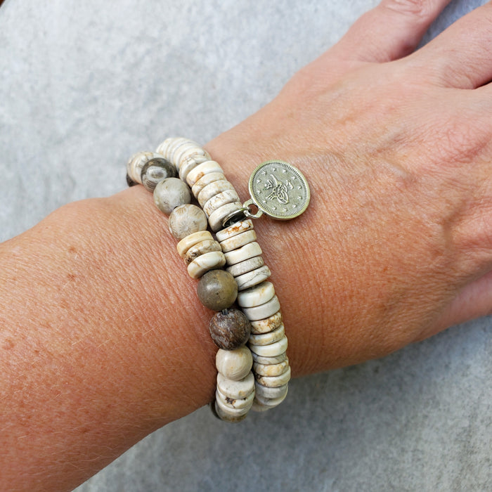 Wild horse magnesite stretch bracelet in stack on model