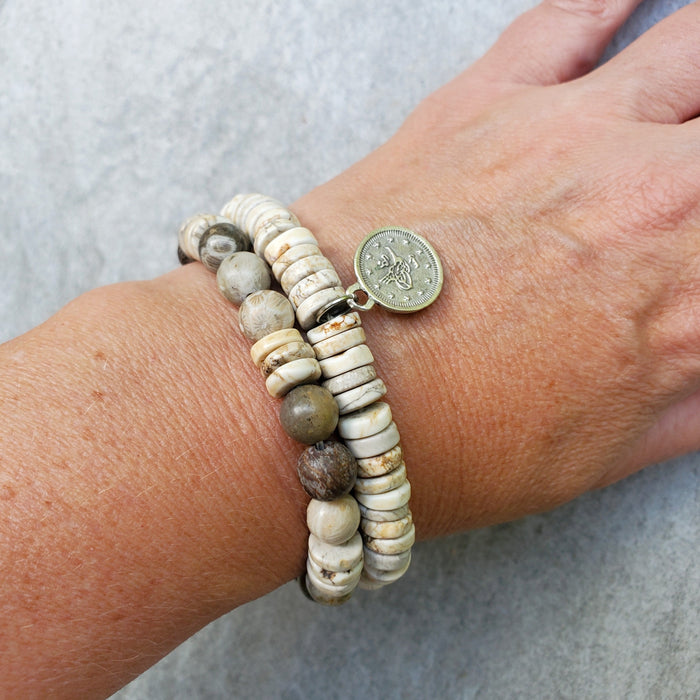 Stretch bracelet with fossil coral and wild horse magnesite