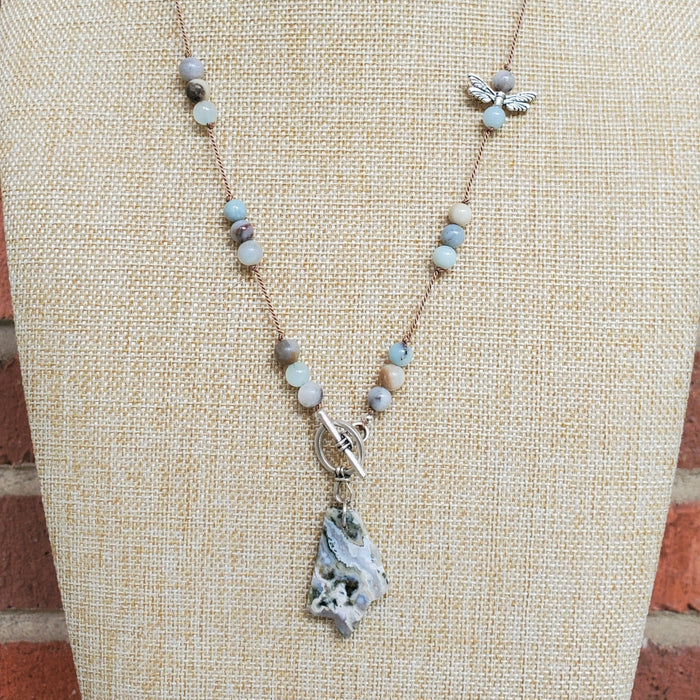 Silk Knotted Amazonite necklace with Ocean Jasper pendant