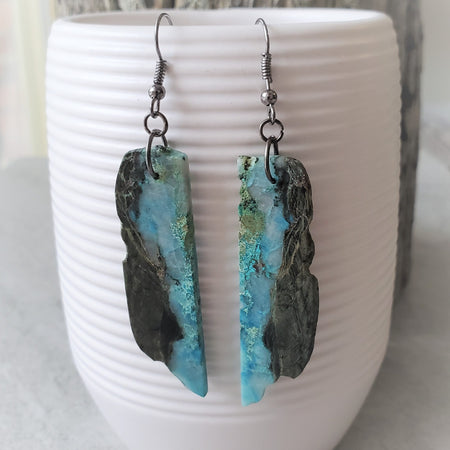 Natural gemstone jewelry, Chrysocolla nuggets hanging on gunmetal black ear wires. Rustic Boho style. 