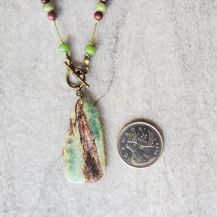 Chrysoprase nugget on hand knotted silk cord beaded necklace