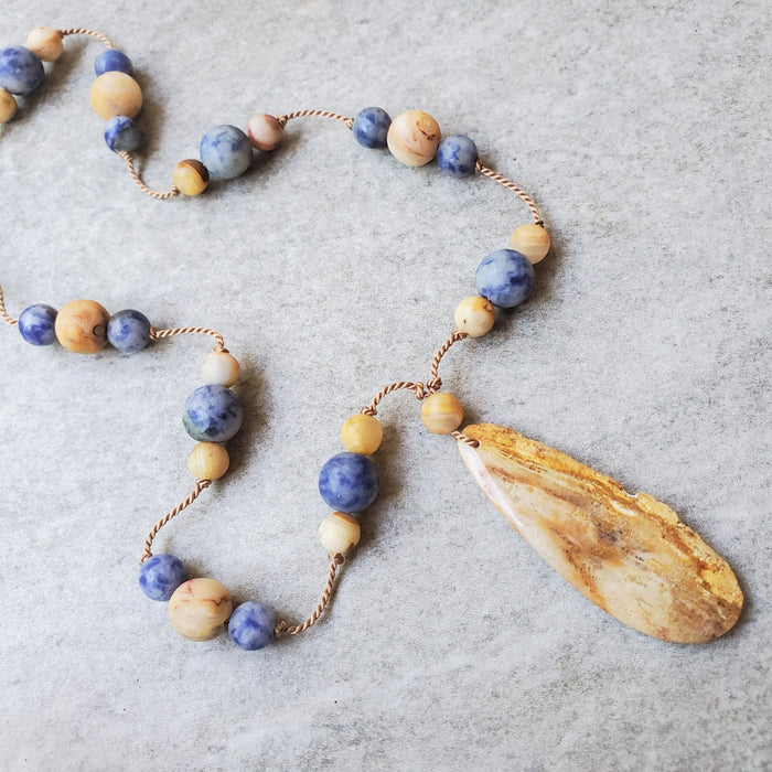 Hand Knotted Silk Necklace in tan and blue