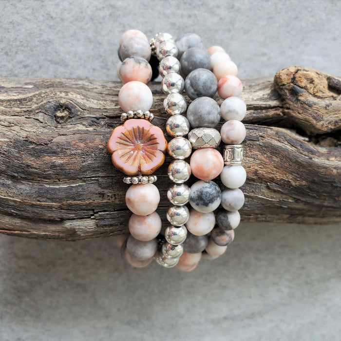 Pink Zebra Jasper bracelet stack with silver plated accent beads