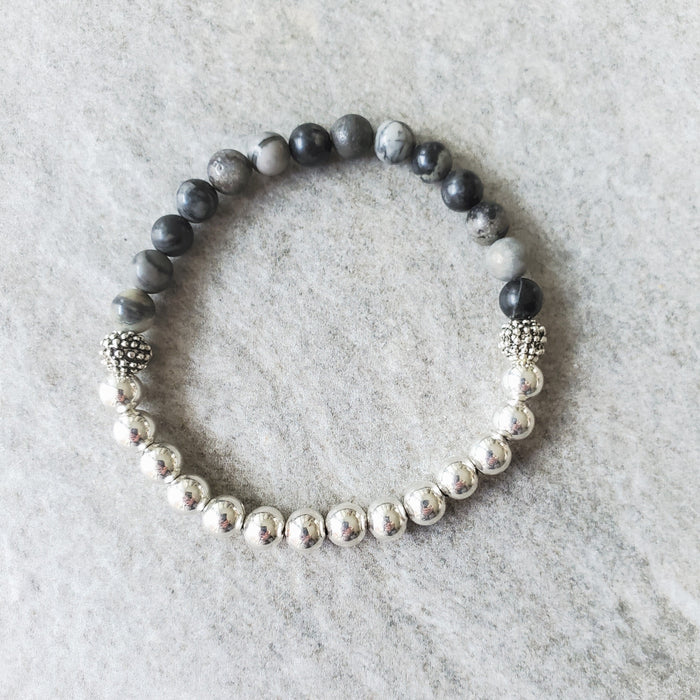 Black Line Jasper bracelet with silver plated beads