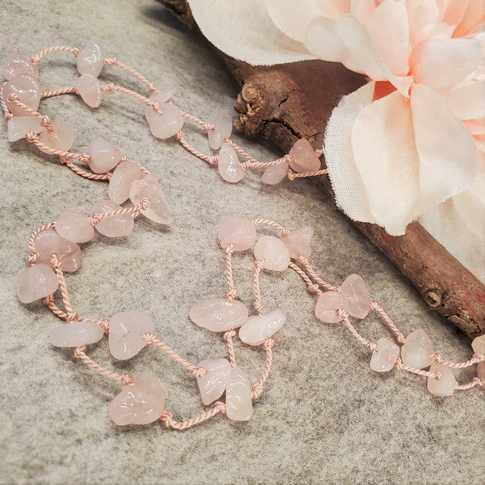 Hand knotted silk necklace with Rose Quartz stone chips