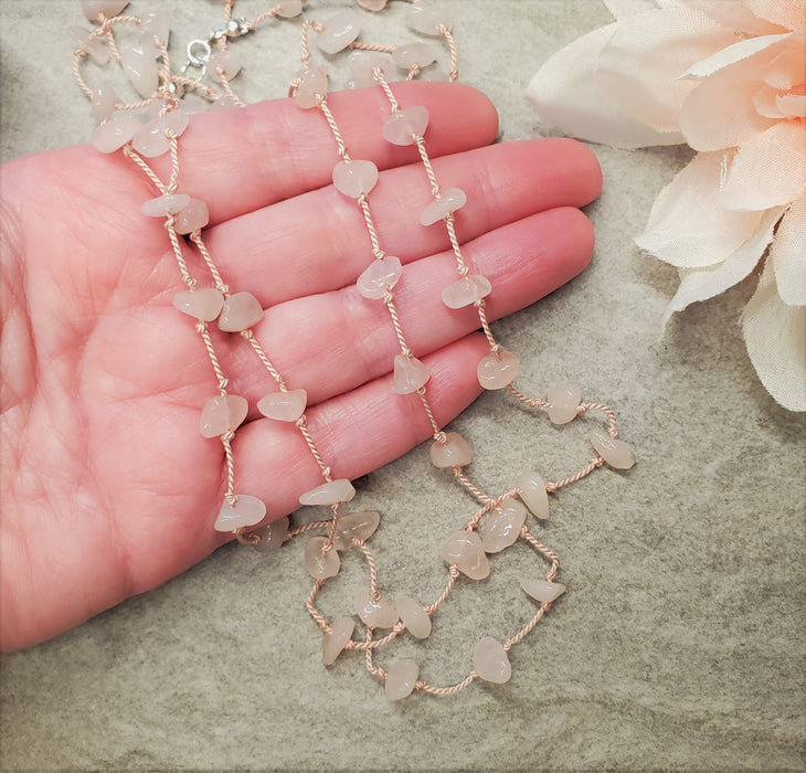 Hand knotted silk necklace with Rose Quartz stone chips
