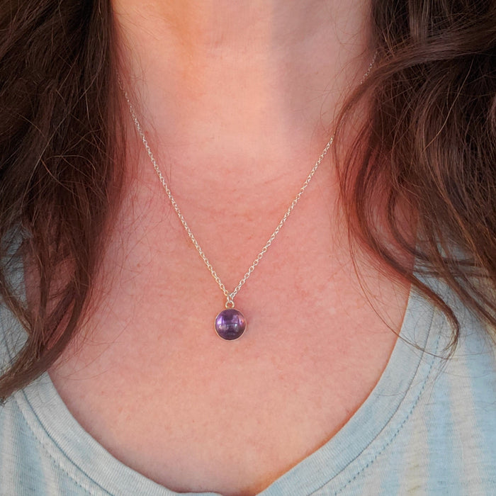 Round Amethyst pendant on sterling silver chain 